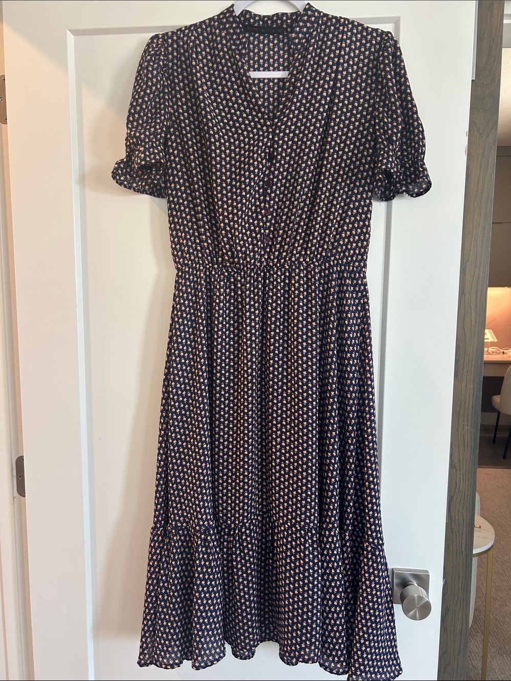 Nordstrom Navy Midi Dress with Pink Floral Print
